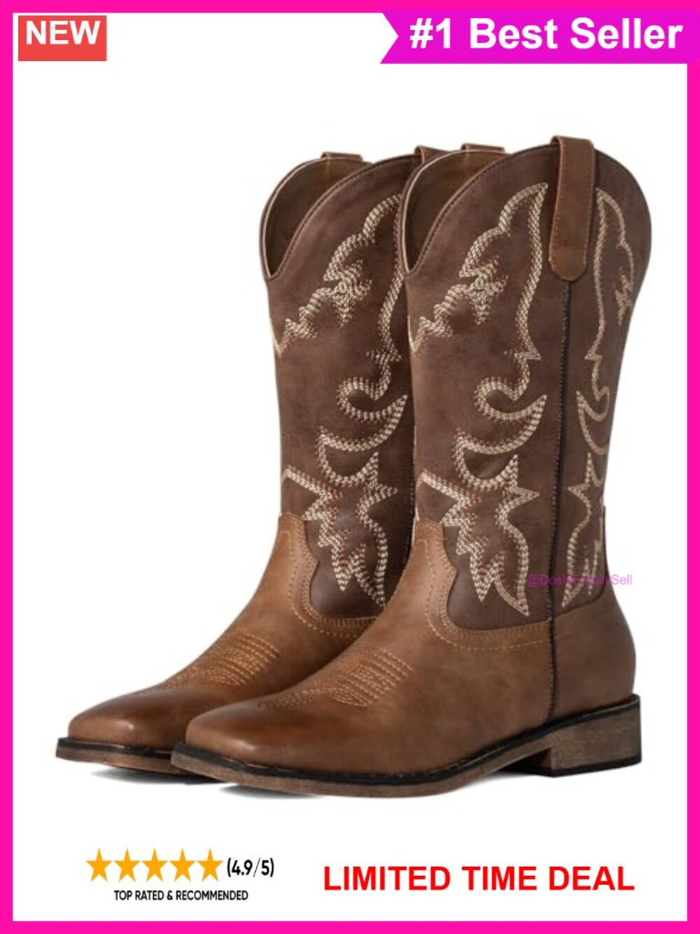 Square Toe Mid Calf Cowboy Boots Faux Leather Embroidered Western